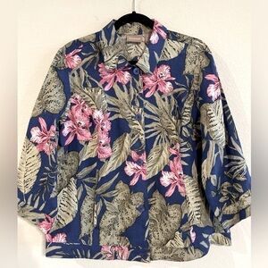 Chico's Women’s Jacket Large Blue 100% Linen Colorful Tropical Floral Coastal